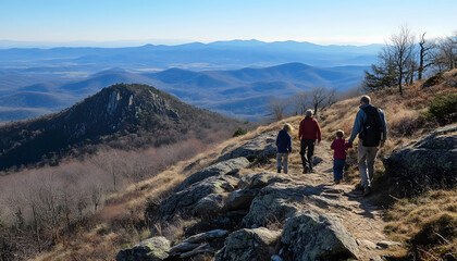 Fototapeta premium Family Adventure: A Scenic Hike Along a Rocky Mountain Trail with Stunning Views of Rolling Hills and Valleys, Perfect for Outdoor Exploration and Nature Appreciation