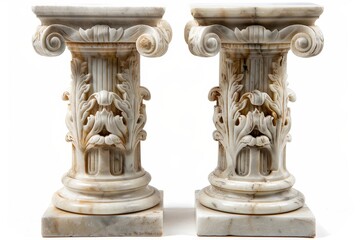Fototapeta premium Two ornate marble columns featuring intricate carvings and classical design elements.