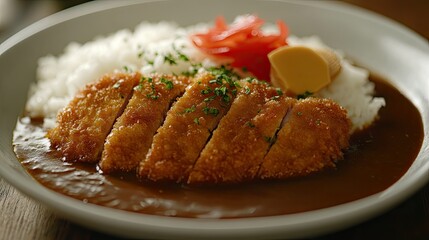 Curry rice with pork cutlet served in a traditional ceramic dish, topped with chopped parsley and red pickled ginger for a pop of color.