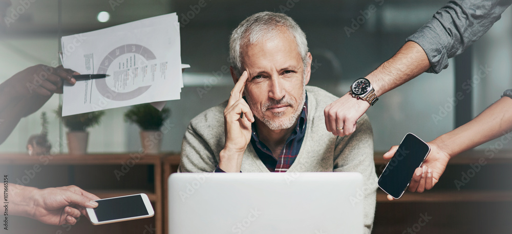 Poster business man, hands and portrait of multitasking with confidence from deadline and tech. boss, press