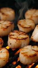 Scallops on barbecue grill with flames