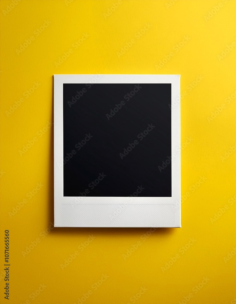 Poster a single instant photo frame on pure empty yellow background, mockup