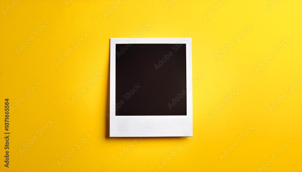 Poster a single instant photo frame on pure empty yellow background, mockup
