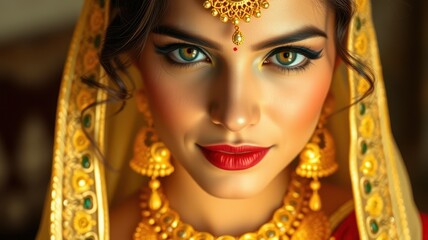 A woman in a gold sari smiles as she poses for a photo