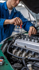 Obraz premium Detailed Engine Repair Work: Mechanics Adjusting Components with Screwdrivers in Auto Shop, Mechanic Working On A Car Engine