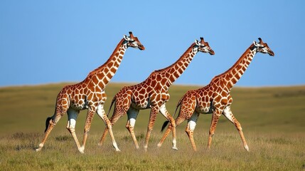 Family of giraffes walking together across the plains, their long necks and legs moving in graceful unity.