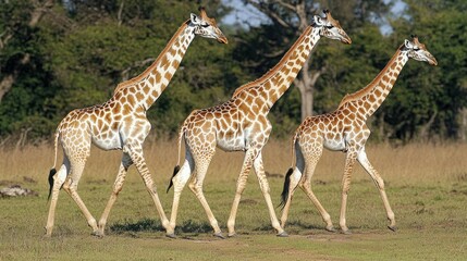Family of giraffes walking together across the plains, their long necks and legs moving in graceful unity.