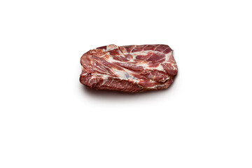 A marbled raw pork cut displayed on a plain white background, showcasing its freshness and suitability for gourmet grilling or slow cooking