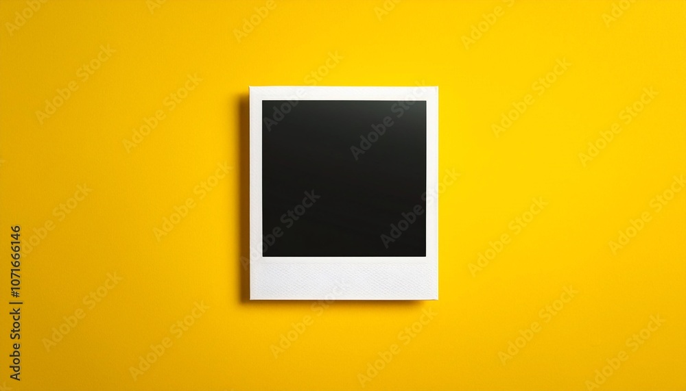 Poster a single instant photo frame on pure empty yellow background, mockup