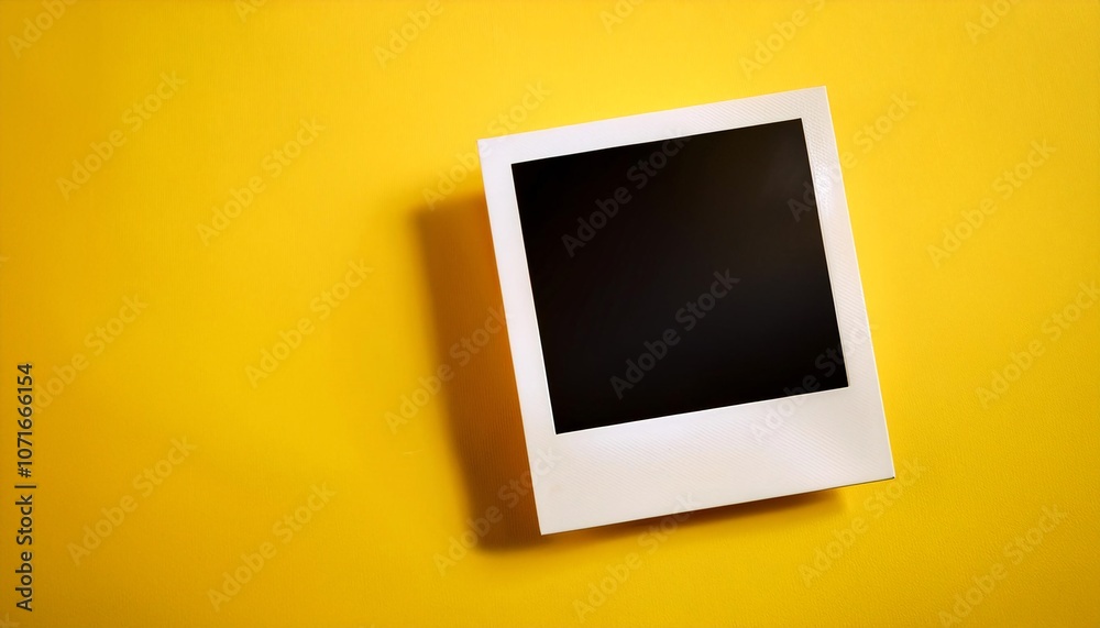 Poster a single instant photo frame on pure empty yellow background, mockup