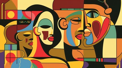 Obraz premium An Abstract Cubist Enchantment: Woman and Man Couple in a Whirl of Shapes and Colors, a Visual Symphony of Love and Artistry