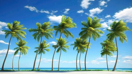 Fototapeta premium Group of palm trees bending in the wind on a sunny tropical day, with blue sky and scattered clouds in the background