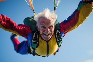 Joyful elderly man free-falling while skydiving, with a big smile on his face and colorful parachute trailing behind him against a clear blue sky