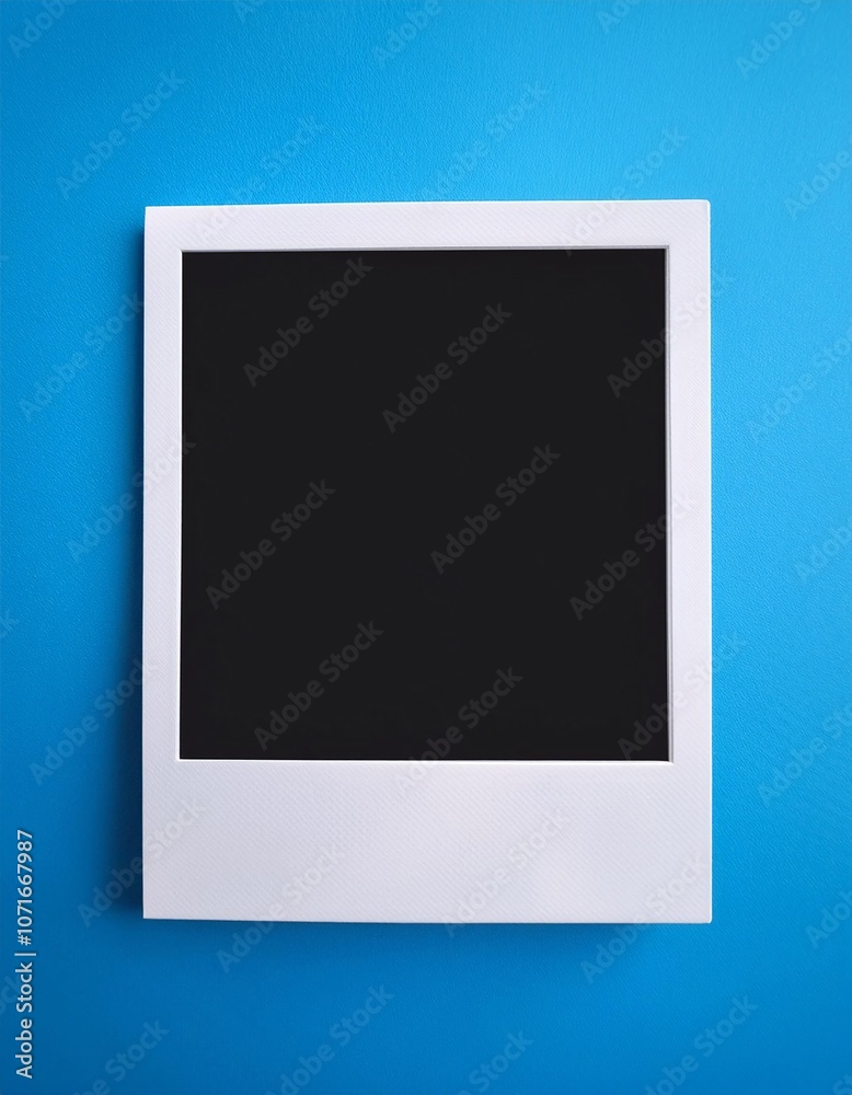 Poster a single instant photo frame on pure empty blue background, mockup