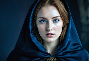 Naklejka premium captivating portrait of a woman with piercing blue eyes and a medieval hood, evoking mystery and elegance—ideal for fantasy and storytelling projects.