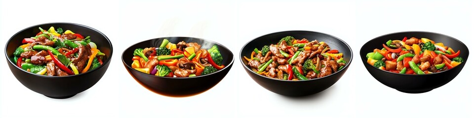 Fototapeta premium Four bowls of colorful, vibrant salads with fresh vegetables against a white background.