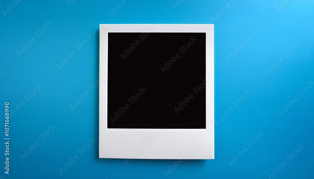 Poster a single instant photo frame on pure empty blue background, mockup