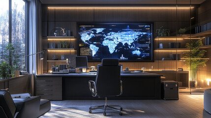 Modern Office Interior with World Map Data Visualization and Leather Furniture