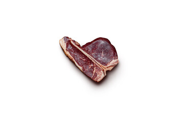 A raw T-bone steak displayed on a plain white background, emphasizing its fresh quality and suitability for gourmet grilling or cooking