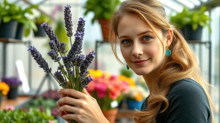 A woman holds a bouquet of lavender in a greenhouse