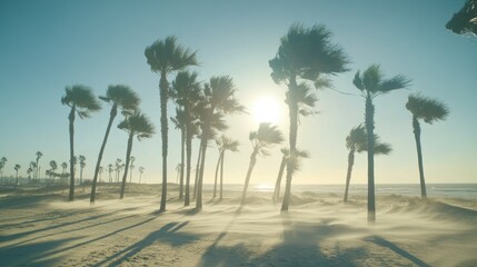 Palm trees with fronds waving vigorously on a windy day, the sun casting shadows on the sand below, with clear sky