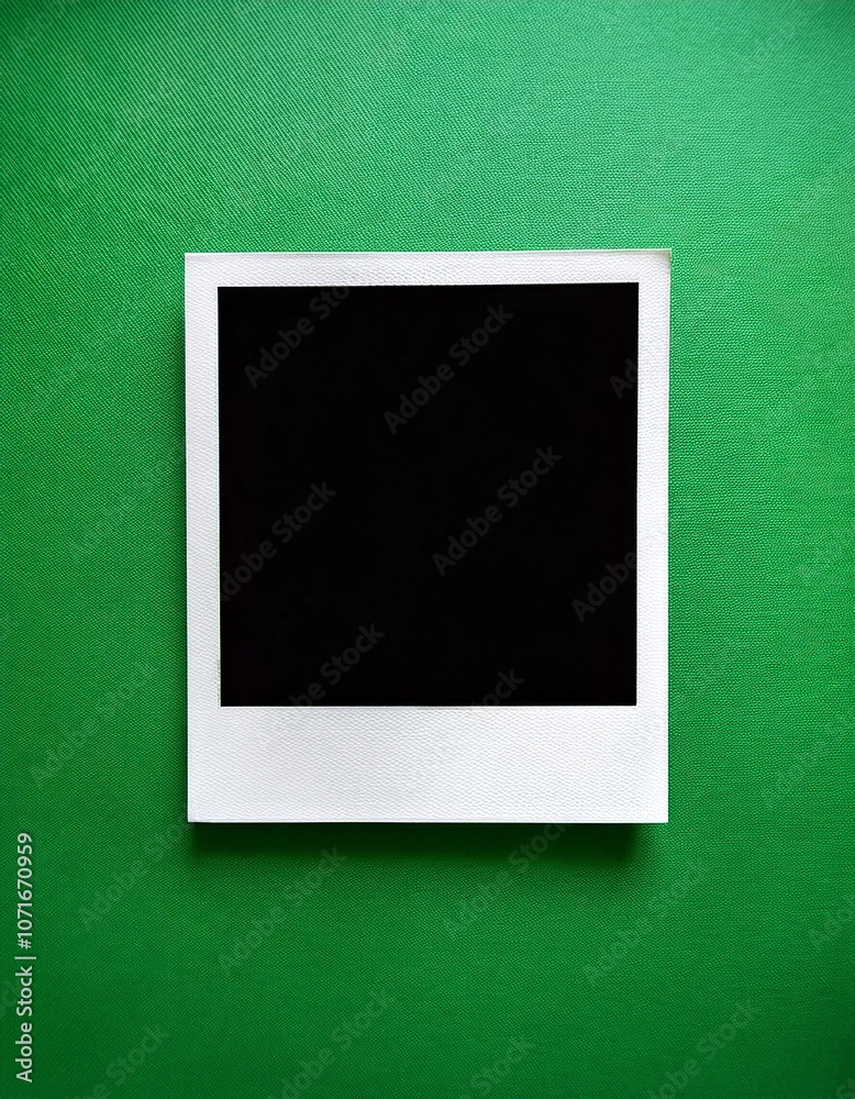 Poster a single instant photo frame on pure empty green background, mockup