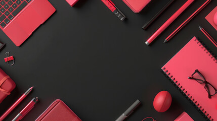 Naklejka premium Bright red office supplies arranged on black background create vibrant workspace. collection includes laptop, notebooks, pens, and various stationery items, evoking creativity and organization