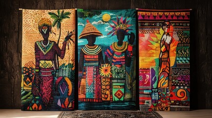 Obraz premium A vibrant tapestry featuring traditional tribal designs and textiles, honoring African traditions, emphasizing cultural importance and creative expression through dynamic colors and detailed illustrat