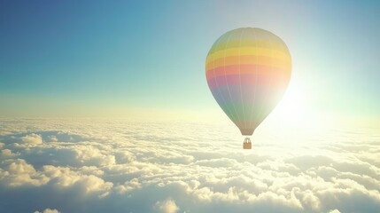 Naklejka premium Rainbow-patterned hot air balloon flying high against a serene blue sky, symbolizing adventure and freedom