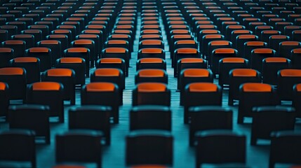 Fototapeta premium Rows of neatly arranged seats in a quiet cinema hall, awaiting moviegoers soft lighting adds cinematic mood