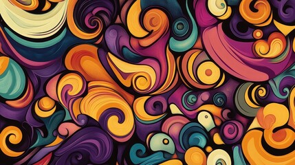 Fototapeta premium Classic cartoon-inspired illustration filled with lively hues and swirling patterns, evoking the charm of 70s psychedelic art in a fun and energetic arrangement