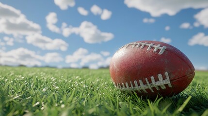 Rugby ball on a lush, vibrant field under clear skies, with the green grass and ball's texture creating a balanced sports image.