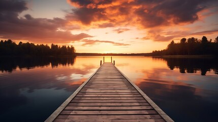 Fototapeta premium Perspective view of a wooden pier on the pond at sunset with perfectly specular reflection : Generative AI