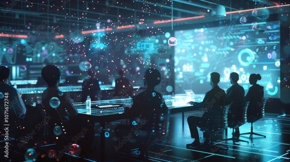 Poster programmers and software engineers are working in a dark, futuristic office using holographic techno