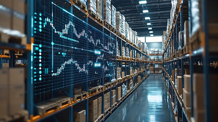 Efficient warehouse with digital order tracking system and inventory management. organized shelves display boxes, enhancing logistics and supply chain operations
