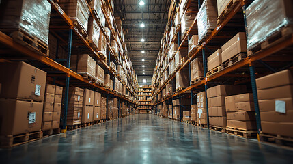 Efficient warehouse storage with stacked boxes and pallets, showcasing well organized inventory system. bright lighting enhances spacious feel of facility