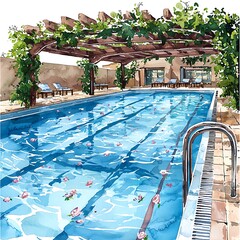 Watercolor Illustration of a Swimming Pool with Rose Petals Floating on the Water.