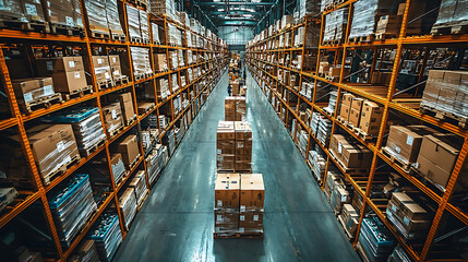 Fototapeta premium Efficient warehouse storage with organized shelves filled with boxes, showcasing streamlined fulfillment process