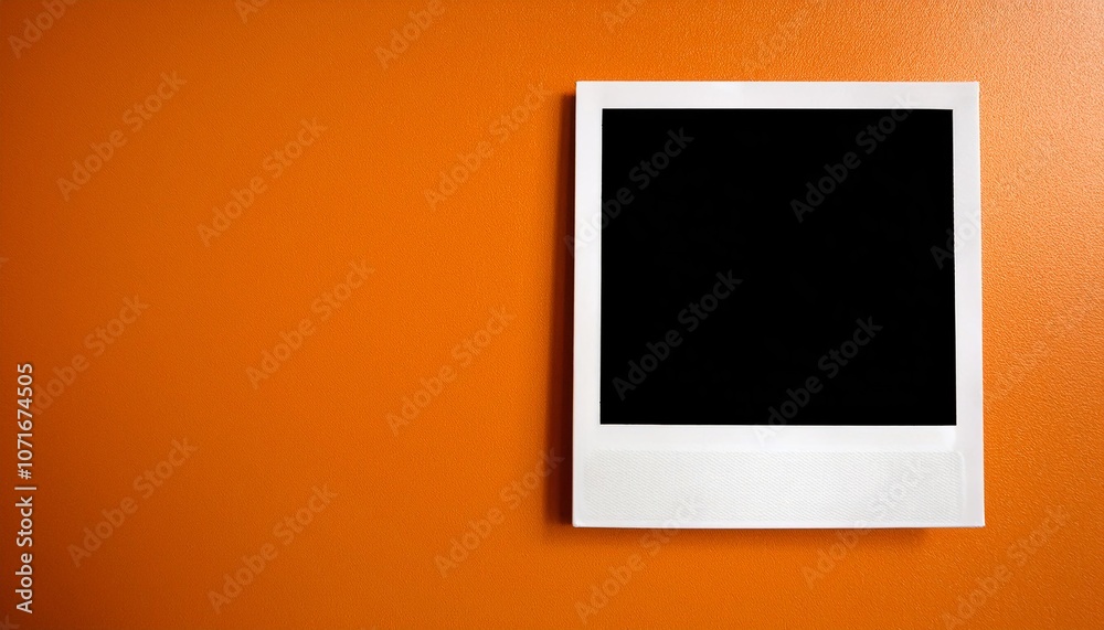 Poster a single instant photo frame on pure empty orange background, mockup