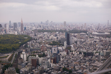 Obraz premium Expansive aerial view of Tokyo with dense urban buildings, parks, and iconic structures under a cloudy sky