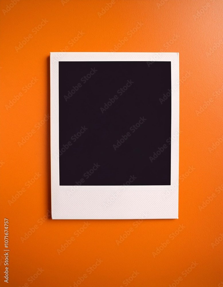 Poster a single instant photo frame on pure empty orange background, mockup