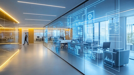 Modern office with projected data charts on glass walls