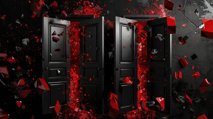 dramatic scene featuring two black doors bursting open, surrounded by red shards and debris, creating striking visual impact. contrast evokes sense of chaos and intensity