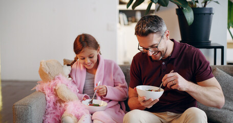 Father, girl and salad in living room for breakfast, lunch and meal bonding at home together. Happy...