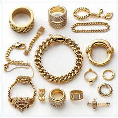 Golden jewelry pieces isolated on white background, close-up of chains, rings, and bracelets