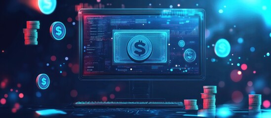 Fototapeta premium Increase Revenue Concept. Wallet with Digital Cash Money and Coins on Computer Monitor