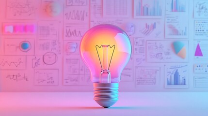 A light bulb with a colorful glow stands in front, Idea light bulb with icons