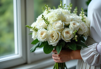 A woman holds a white bridal bouquet by a window.