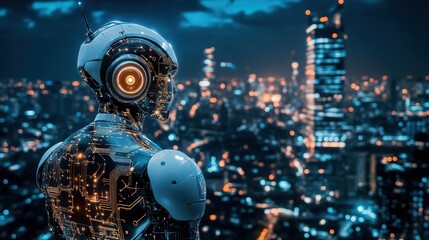 A sleek android figure stands against a background of futuristic cityscapes, showcasing detailed textures and illuminated circuits