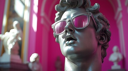 marble statue of Apollo, in ray ban pixelated sunglasses depicted as a modern singing figure with a wide, O-shaped mouth, eyes closed in intense passion, as if lost in song
